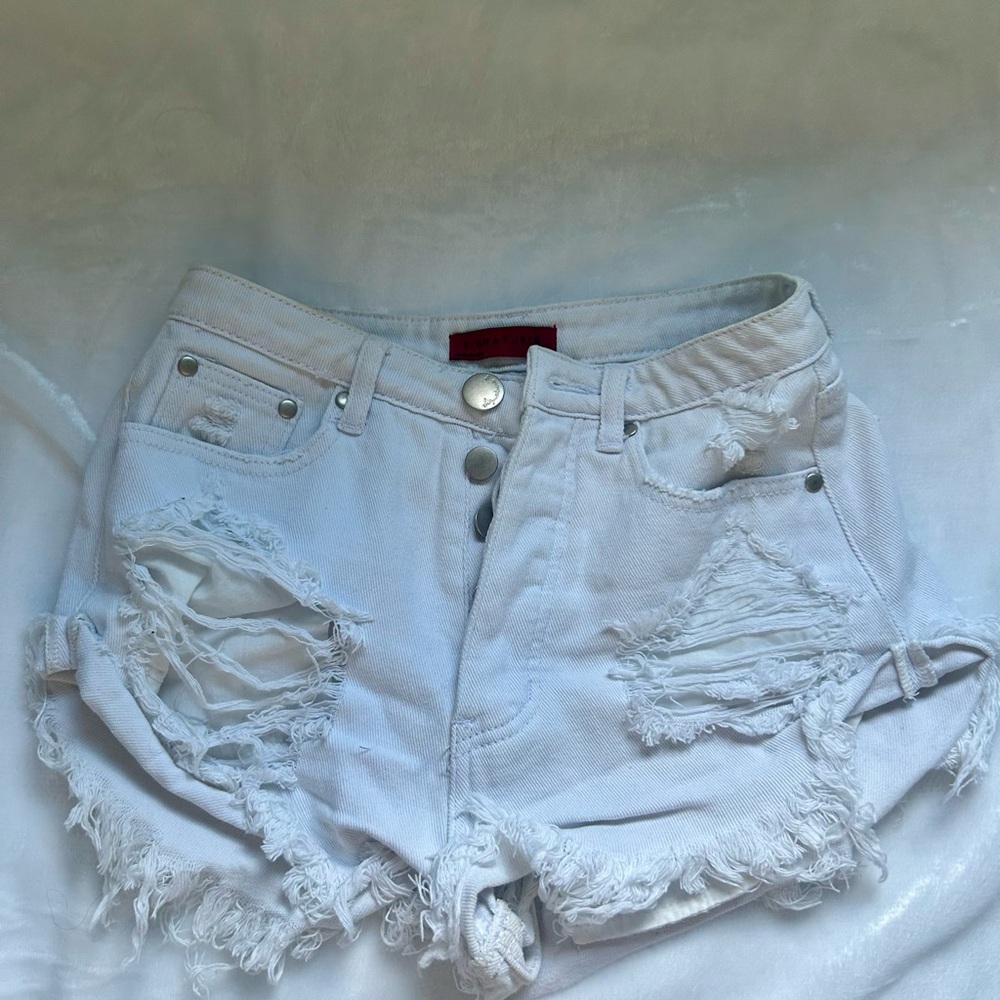 Signature White Denim Distressed Shorts